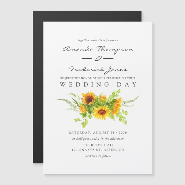 Invitation Magnétique Aquarelle Mariage Bohème Tournesols (Devant / Derrière)