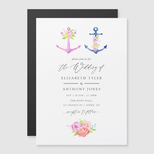 Invitation Magnétique Aquarelle Nautique Thème Floral Mariage (Devant / Derrière)