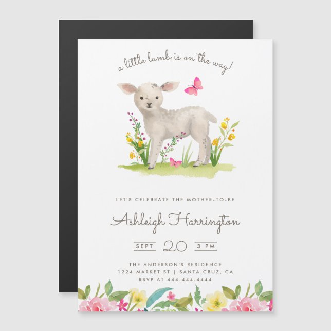 Invitation Magnétique Aquarelle Petit agneau Ressort Baby shower (Devant / Derrière)