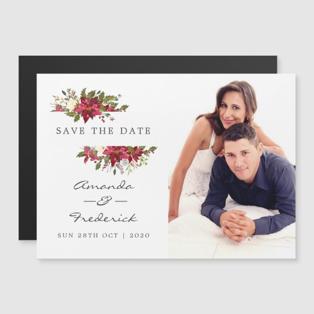 Invitation Magnétique Aquarelle Pointsetias Mariage de Noël (Devant / Derrière)