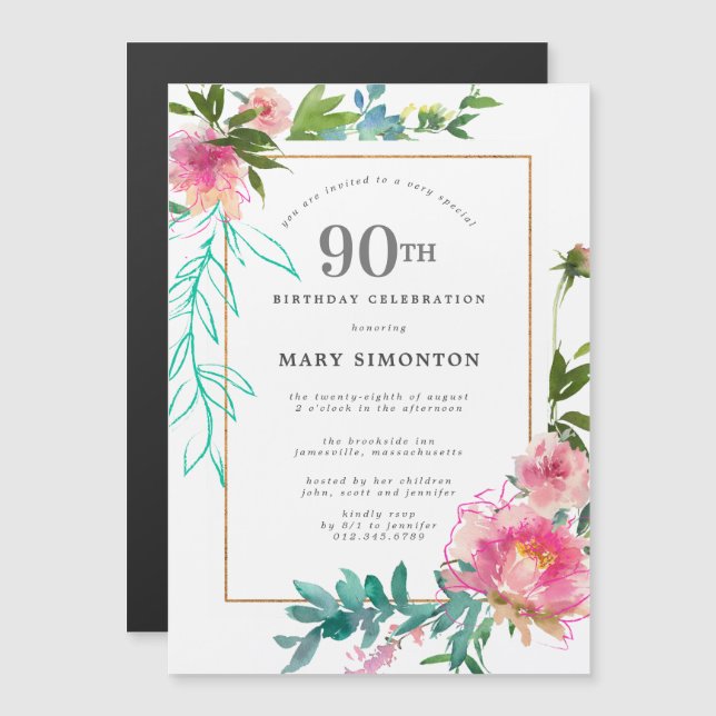 Invitation Magnétique Aquarelle rose Peony Floral 90e anniversaire (Devant / Derrière)