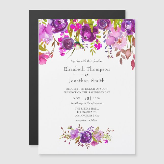 Invitation Magnétique Aquarelle violette et violet Mariage floral (Devant / Derrière)