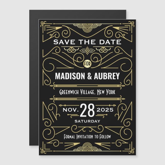 Invitation Magnétique Art Déco Enregistrer la date Mariage Elegant Gold  (Devant / Derrière)