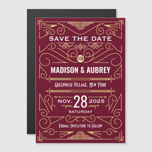 Invitation Magnétique Art Déco Enregistrer la date Mariage Or Bourgogne (Devant / Derrière)