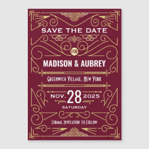Invitation Magnétique Art Déco Enregistrer la date Mariage Or Bourgogne