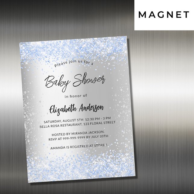 Invitation Magnétique Baby shower argent bleu garçon confetti luxe (Créateur téléchargé)