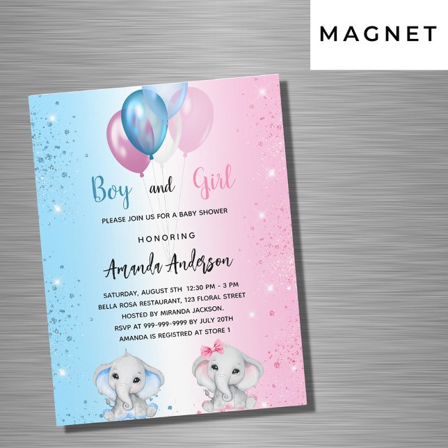 Invitation Magnétique Baby shower bleu rose garçon fille éléphants luxe (Créateur téléchargé)