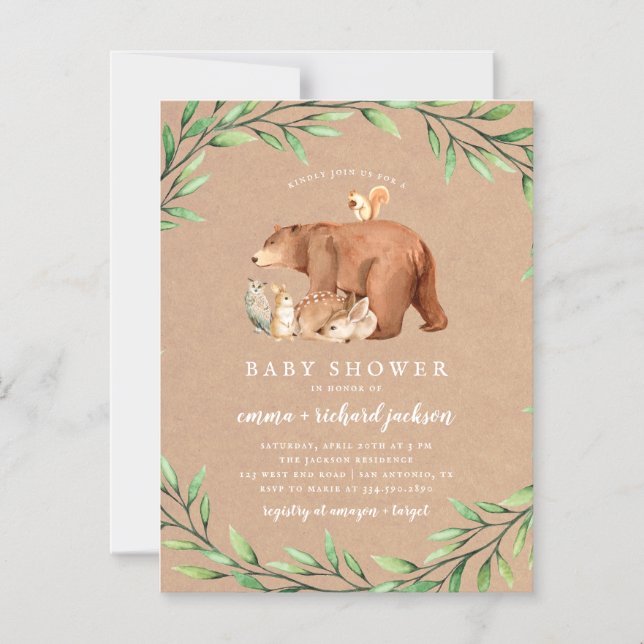 Invitation Magnétique Baby shower d'animaux de la forêt de Kraft Woodlan (Recto)