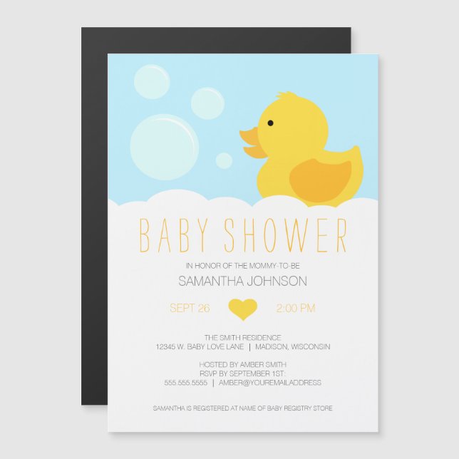 Invitation Magnétique Baby shower de bain à bulle en caoutchouc jaune (Devant / Derrière)