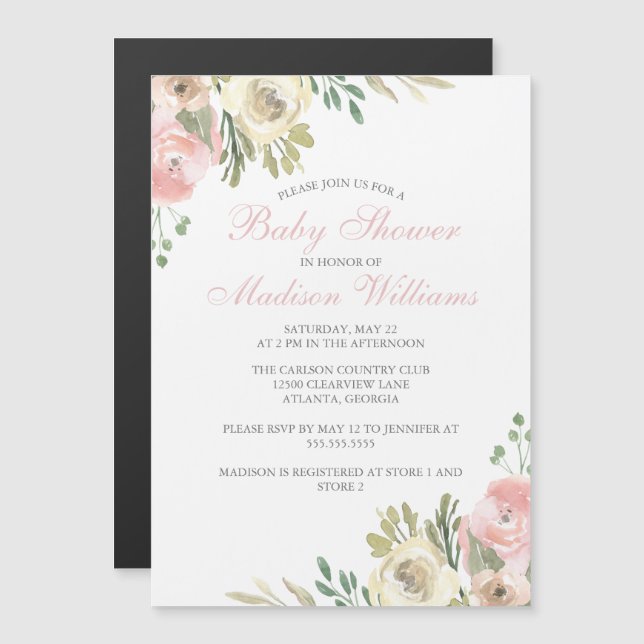 Invitation Magnétique Baby shower de fille élégant à fleurs d'ivoire ros (Devant / Derrière)