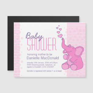 Invitation Magnétique baby shower Eléphant joli rayures roses
