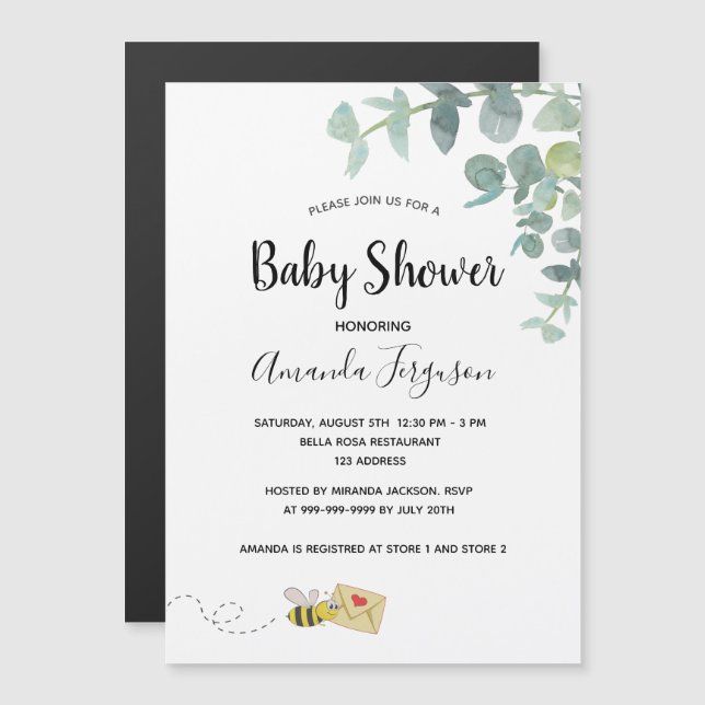 Invitation Magnétique Baby shower eucalyptus verdure abeille mignonne (Devant / Derrière)