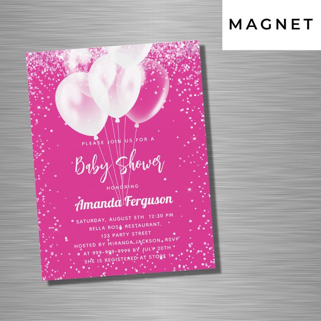 Invitation Magnétique Baby shower fille hot rose blanc ballons luxe (Créateur téléchargé)
