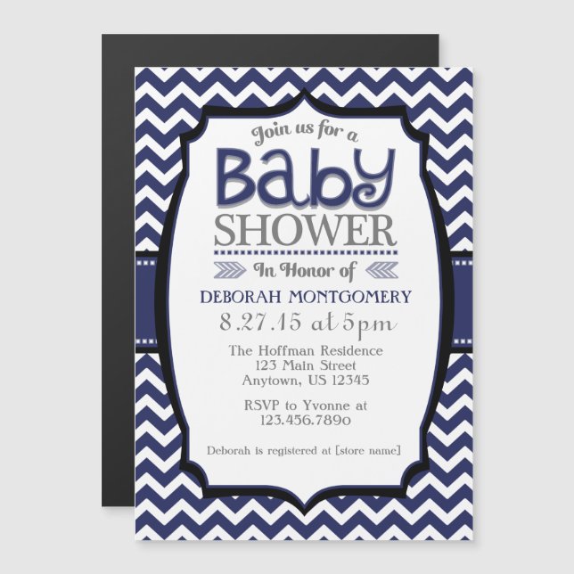Invitation Magnétique Baby shower magnétique bleu de la marine Chevron I (Devant / Derrière)