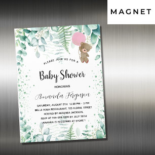 Invitation Magnétique Baby shower ours en peluche eucalyptus fille luxe