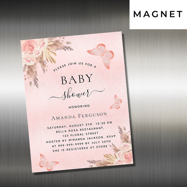 Invitation Magnétique Baby shower papillon pampas herbe luxueux (Créateur téléchargé)