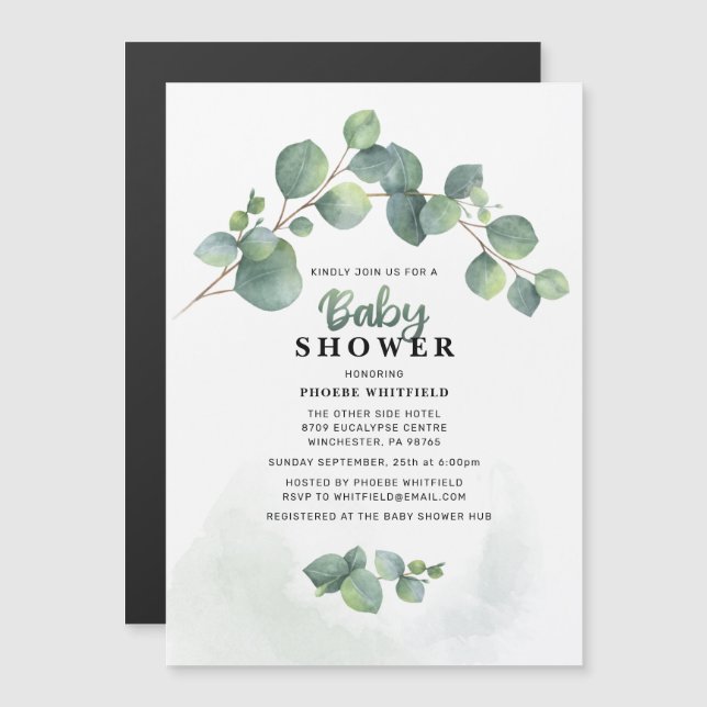 Invitation Magnétique Baby shower vert moderne Eucalyptus (Devant / Derrière)