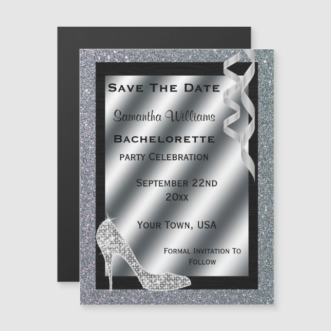 Invitation Magnétique Bachelorette Silver Glittery Stiletto & Streamers (Devant / Derrière)