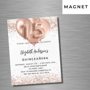Invitation Magnétique Ballons d'or rose Quinceanera luxe blanc