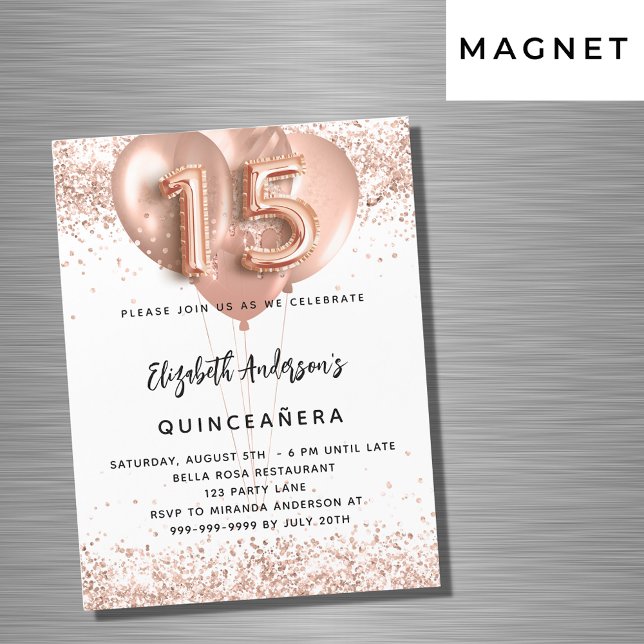 Invitation Magnétique Ballons d'or rose Quinceanera luxe blanc (Créateur téléchargé)