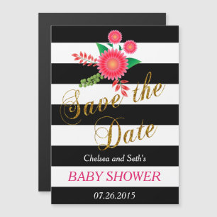 Invitation Magnétique Bandes noir et blanc Floral rose Baby shower