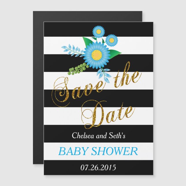 Invitation Magnétique Bandes noires et blanches| Flore bleue| Baby showe (Devant / Derrière)