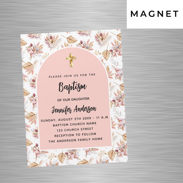 Invitation Magnétique Baptême pampa fleurs rose or rose fille luxe (Créateur téléchargé)