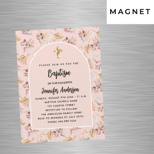 Invitation Magnétique Baptême Pampas fleurs rose or rose luxe