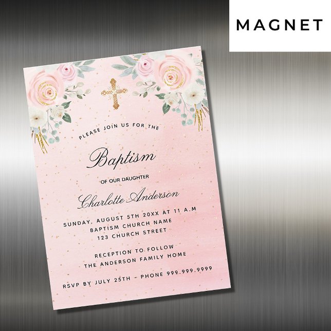 Invitation Magnétique Baptême rose rose floral fille luxe (Créateur téléchargé)
