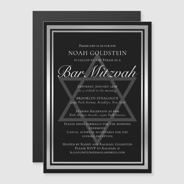 Invitation Magnétique Bar Mitzvah noir et argent élégant (Devant / Derrière)