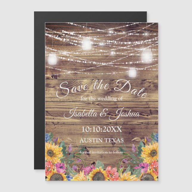 Invitation Magnétique Barn Wood | Chaîne de lumières Enregistrer la date (Devant / Derrière)