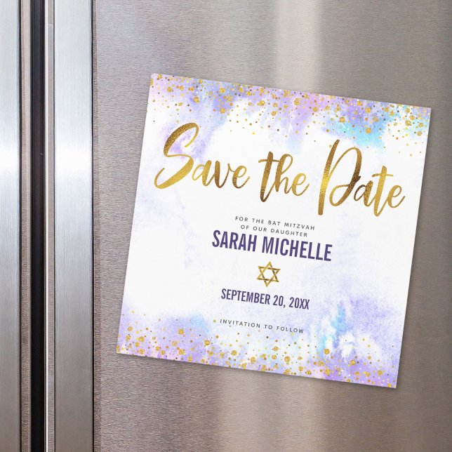Invitation Magnétique Bat mitzvah Enregistrer la date Gold Purple Aquare (Créateur téléchargé)