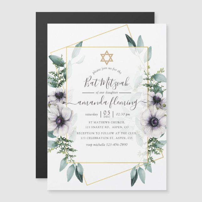 Invitation Magnétique Bat mitzvah géométrique floral d'Eucalyptus (Devant / Derrière)