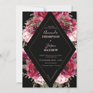 Invitation Magnétique Beau Mariage floral noir Bourgogne rose