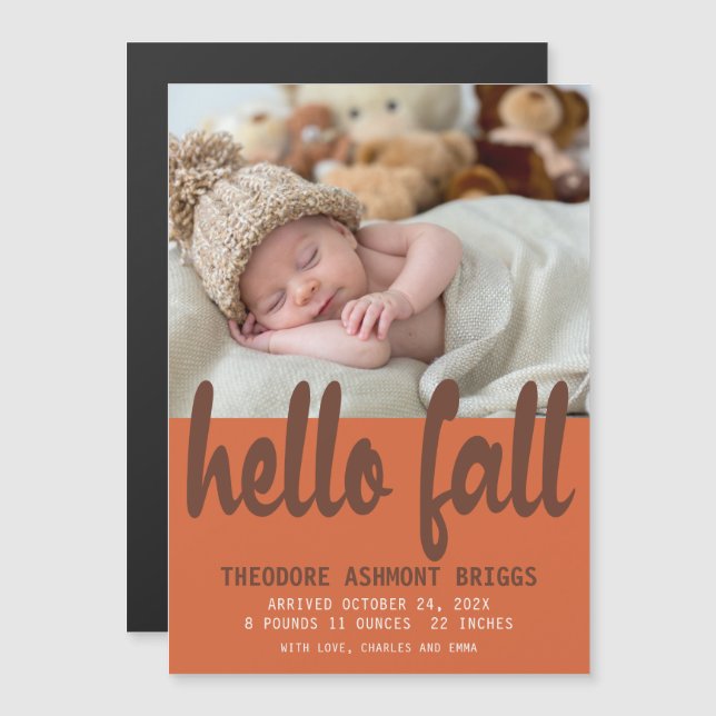 Invitation Magnétique Bébé automne mignon Bonjour Photo de naissance (Devant / Derrière)