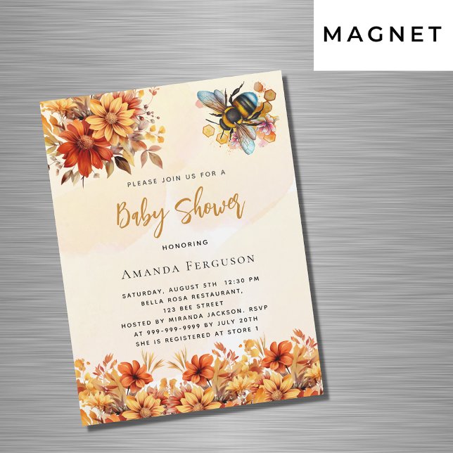 Invitation Magnétique Bee Baby shower orange fleurs de chute luxe (Créateur téléchargé)
