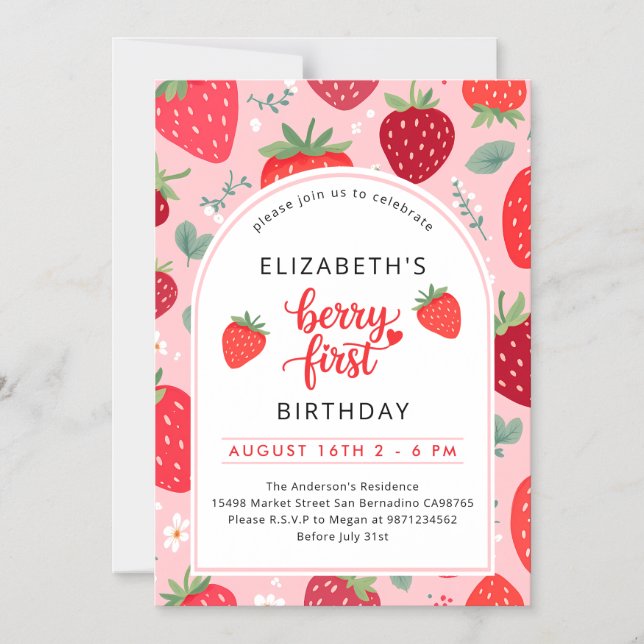 Invitation Magnétique Berry First Cute 1er Anniversaire Fille aux fraise (Recto)
