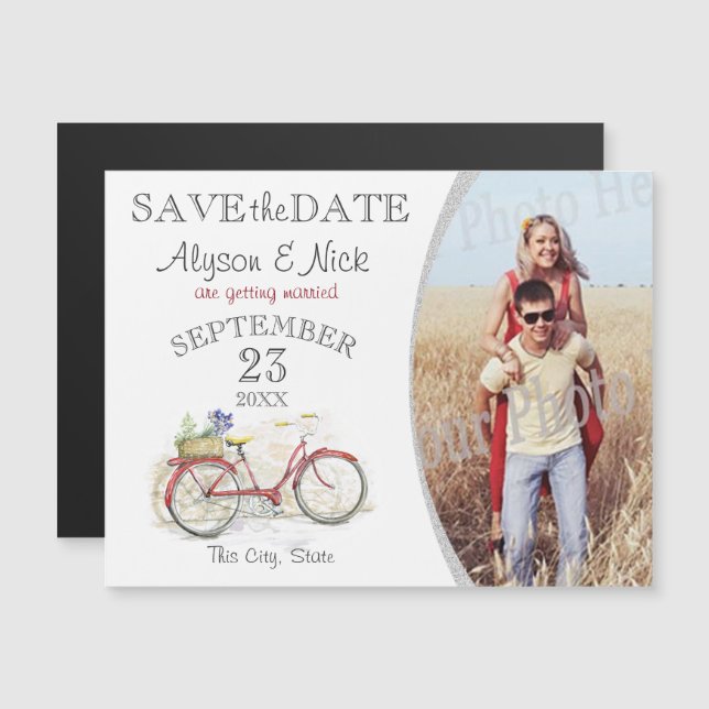 Invitation Magnétique Bicycle rouge photo Enregistrer la date (Devant / Derrière)