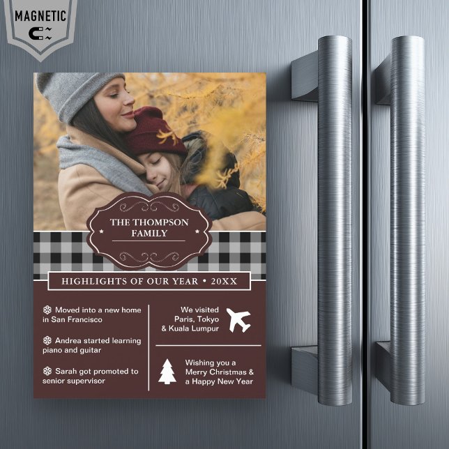 Invitation Magnétique Bison noir Plaid Année d'examen Photo de Noël (Créateur téléchargé)