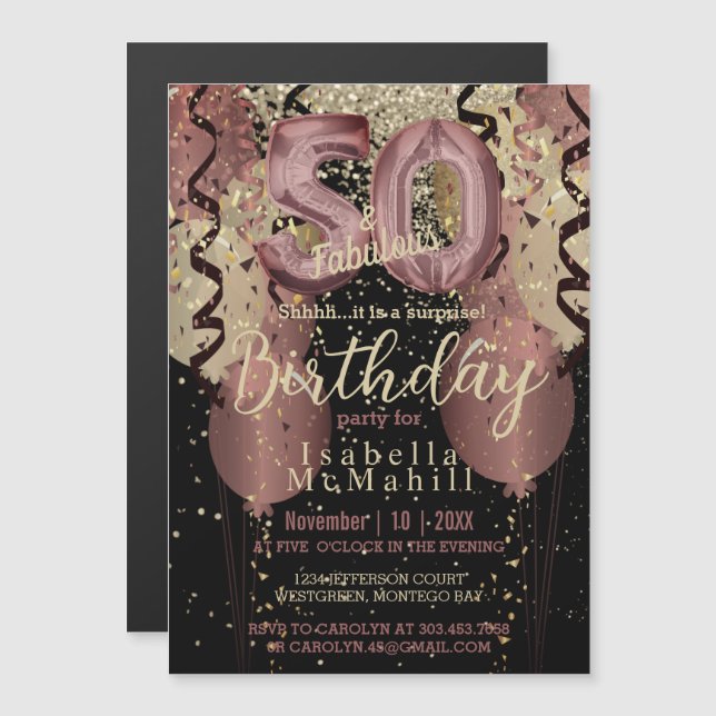 Invitation Magnétique Black and Rose Gold Parties scintillant 50e annive (Devant / Derrière)