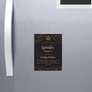Invitation Magnétique Black rose or étoiles fête de graduation de luxe