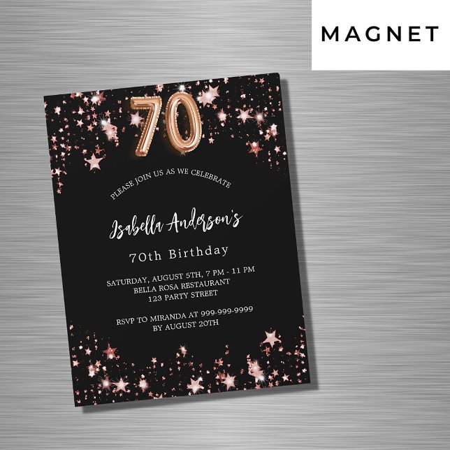 Invitation Magnétique Black rose or étoiles luxe 70e anniversaire (Créateur téléchargé)