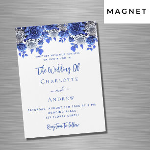 Invitation Magnétique Bleu bleu blanc fleurs mariage de luxe