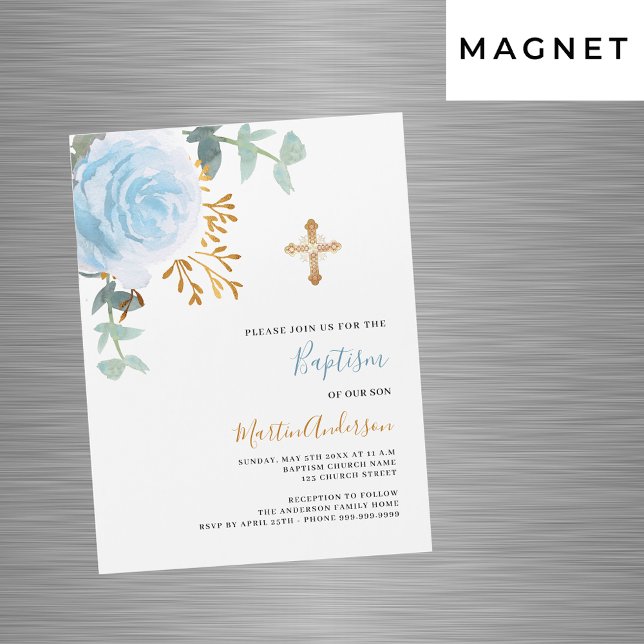 Invitation Magnétique Bleu floral verdure or croix garçon luxe baptême (Créateur téléchargé)