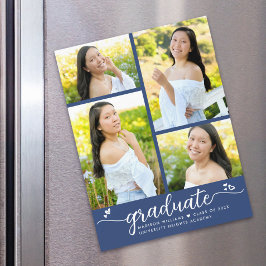 Invitation Magnétique Bleu Graduation 4 Photo Script Coeurs Moderne Fill