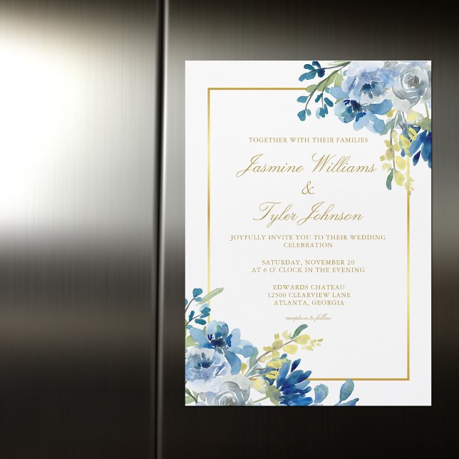 Invitation Magnétique Blue Gold Floral Elégant Soirée d'hiver Mariage (Créateur téléchargé)