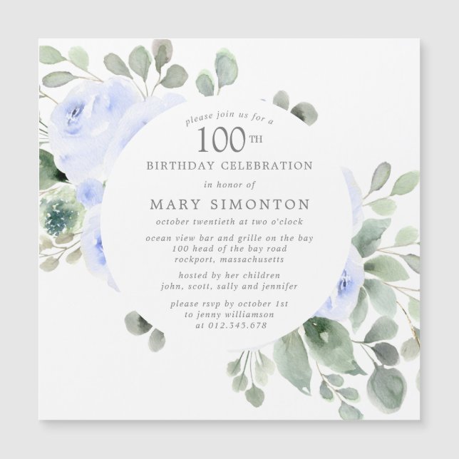 Invitation Magnétique Blue Rose Floral Eucalyptus 100e fête d'anniversai (Devant)