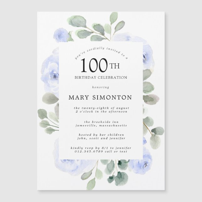 Invitation Magnétique Blue Rose Floral Eucalyptus 100e fête d'anniversai (Devant)