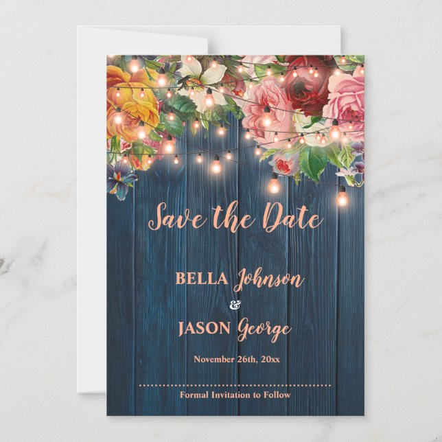 Invitation Magnétique Blue Wood Floral String Lights Save The Date (Recto)