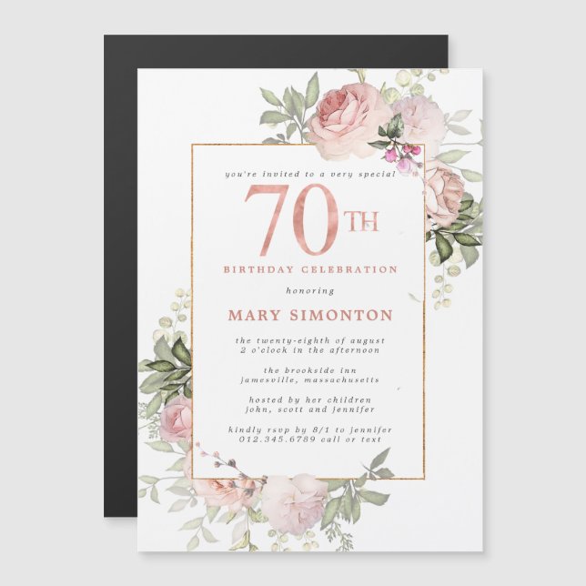 Invitation Magnétique Blush Pink Gold Floral 70e fête d'anniversaire (Devant / Derrière)